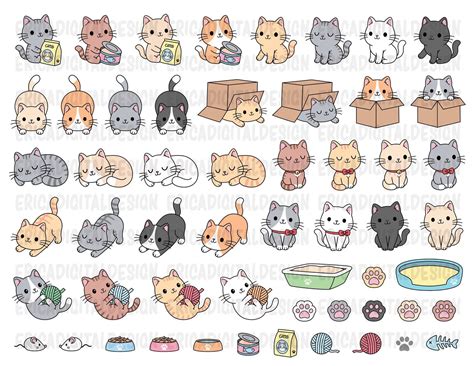Cats Clipart Cute Cat Clip Art Kawaii Kittens Kitty Icons Pet Etsy In