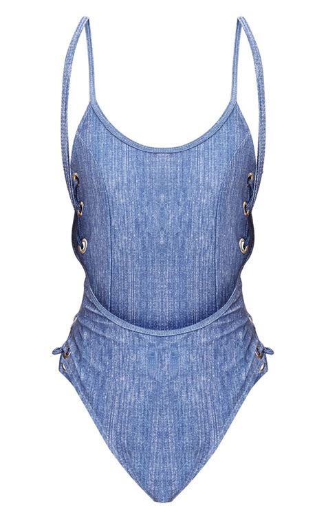 Hollie Blue Denim Look Swimsuit Swimwear Prettylittlething Prettylittlething Usa