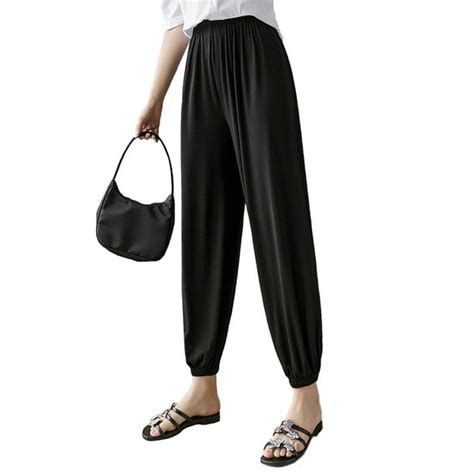 Womens Cotton Linen Tapered Cropped Pants Elastic Waist Trousers