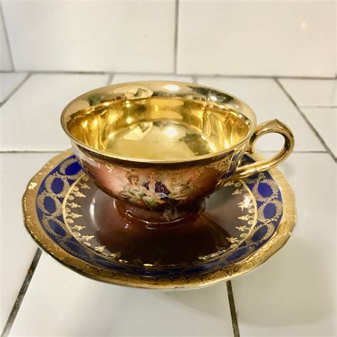 Antique Bavarian Demitasse Tea Cup And Saucer Victorian Scene Heavy