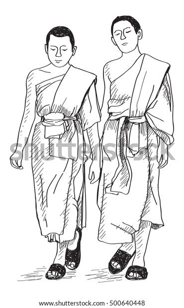 Sketch Young Buddhist Monks Walking On Stock Illustration 500640448