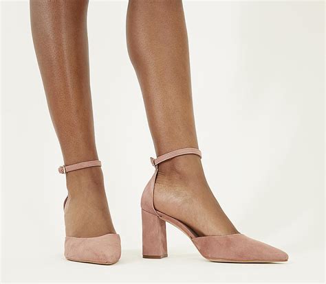 Office Minnie Ankle Strap Court Heels Dusty Pink Suede Mid Heels