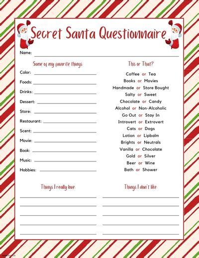 Secret Santa Questionnaire Gift Exchange Printable Pdf Etsy Secret
