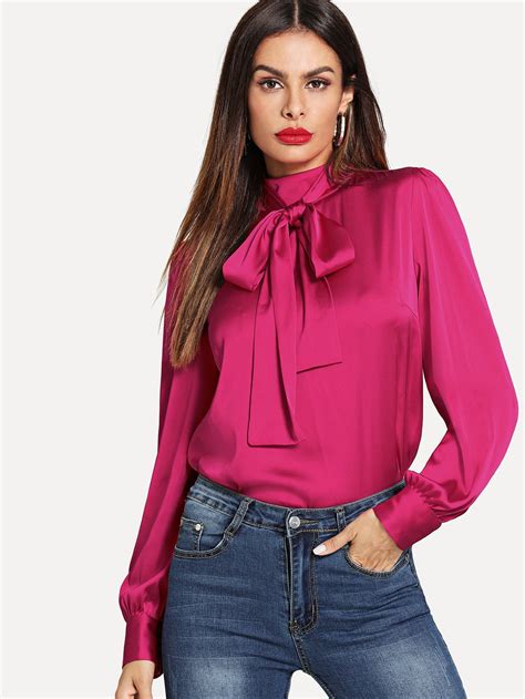 Neon Pink Tie Neck Buttoned Back Satin Blouse Shein In
