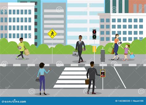 City Street With Pedestrian Crossing And Traffic Lights Stock Vector