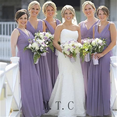Light Purple Bridesmaid Dresses Pleat Chiffon V Neck A Line Floor