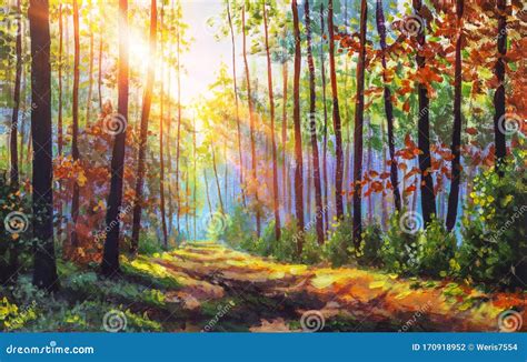Autumn Oil Painting Autumn Forest With Sunlight Path In Forest