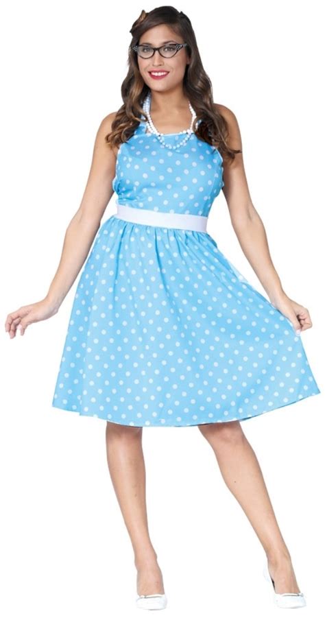 Ladies Polka Dot Prom 1950s Blue White Fancy Dress 50s Rock N Roll Womens Costume Outfit