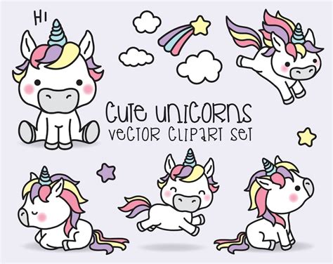 Premium Vector Clipart Kawaii Unicorns Cute Unicorns Etsy