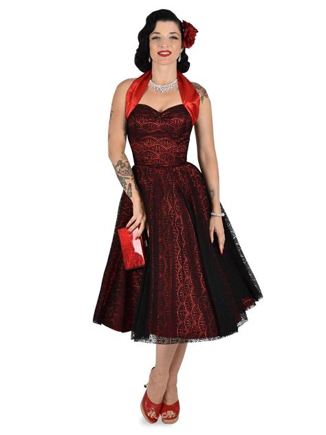 1950s Halterneck Luxury Red Satin Fan Lace Dress From Vivien Of Holloway