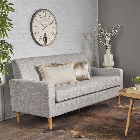 Midcentury Modern Three Seater Light Gray Tweed Fabric Sofa Best