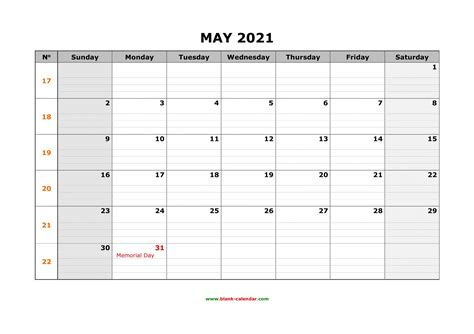 Free Download Printable May 2021 Calendar Large Box Grid Calendar