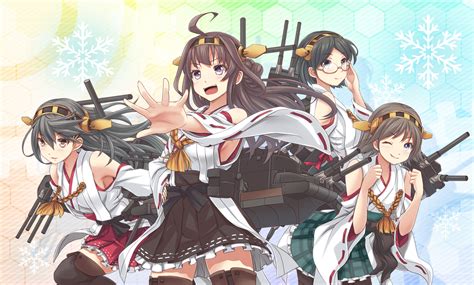 anthropomorphism black hair blue eyes brown eyes brown hair glasses group haruna kancolle