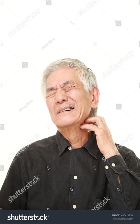 Senior Japanese Man Black Shirts Scratching Stock Photo 436419730