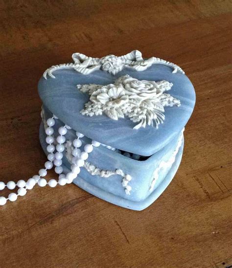 Heart Shaped Incolay Hinged Jewelry Box Relief Sculpted Blue Etsy