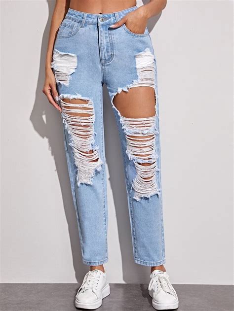 Light Wash Ripped Boyfriend Jeans Shein Usa Cute Ripped Jeans