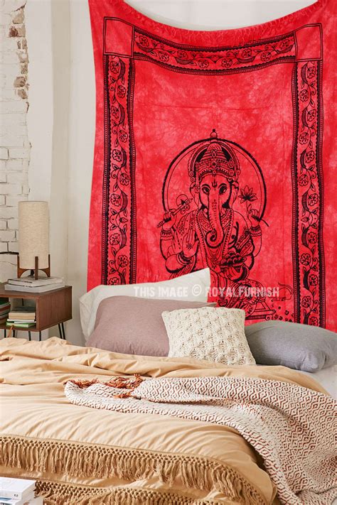 Red Hindu Elephant God Ganesha Tapestry Wall Hanging Fringed Wall