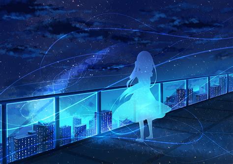 720p Free Download Anime Girl Silhouette Stars Night Rooftop