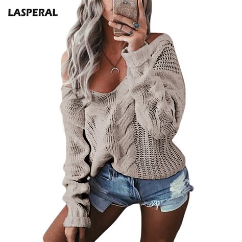 Lasperal Winter Sexy Deep V Neck Twist Knitted Sweaters Women Long Sleeve Off Shoulder Sweater