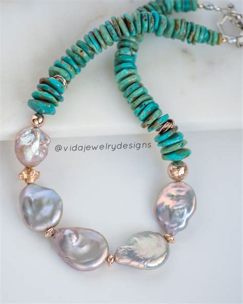 Genuine Turquoise And Baroque Pearl Statement Necklace Turquoise