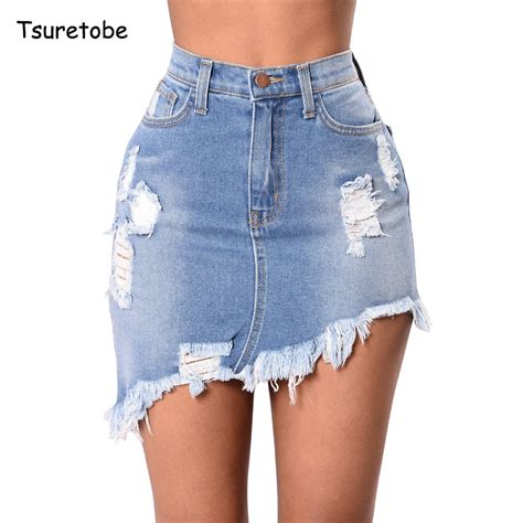 tsuretobe sexy ripped hole denim skirt irregular women summer bodycon high waist mini skirt