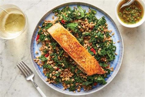 Recipe Seared Salmon And Salsa Verde With Farro Kale And Pickled Peppers