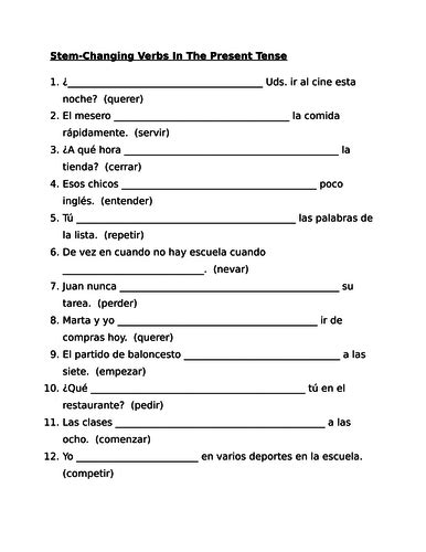 Stem Change Verbs In Spanish Worksheet 2 Teaching Resources