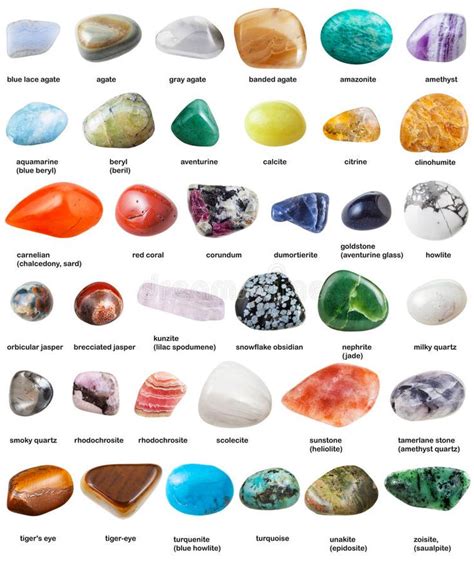 Various Tumbled Gemstones With Names Isolated On White
