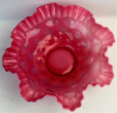 Lot Vintage C 1950 Fenton Art Glass Cranberry Opalescent Coin Dot Large Ruffled Bowl