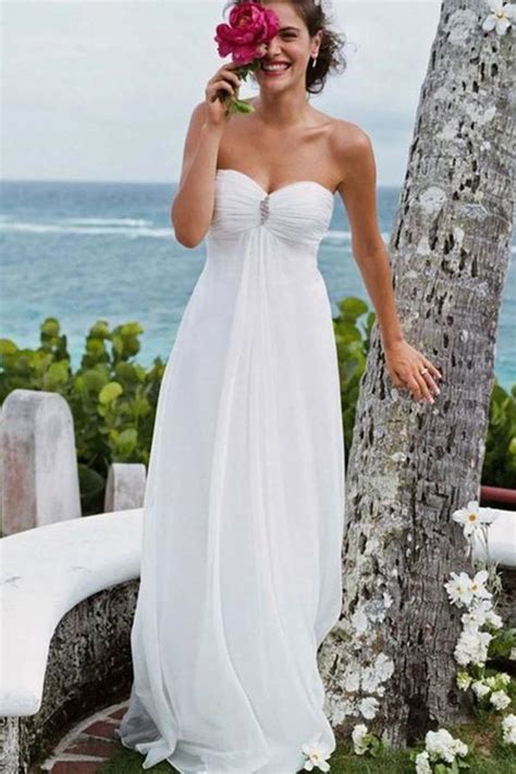 Elegant A Line Sweetheart White Strapless Chiffon Beach Wedding Dress With Beads Ph784 Empire