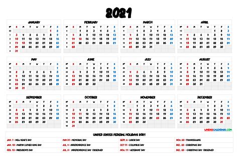 2021 One Page Calendar Printable 9 Templates