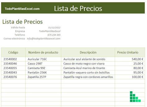 Plantilla Excel Para Listas De Precios Gratis