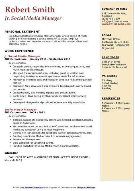 Entry level marketing resume inspirational social media resume. Social Media Manager Resume Samples | QwikResume