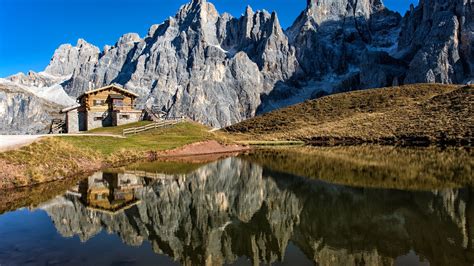 Alps Cabin Dolomites Italy Lake Mountain With Reflection