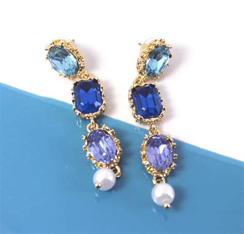 Blue Crystal Drop Pearl Earrings By Lucy Loves Neko