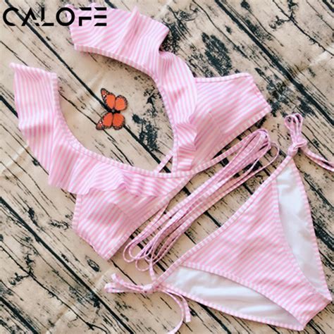 Calofe 2018 Sexy Womens Bikini Summer Padded Swimsuit Push Up Bikini Set Striped Print Swimwear