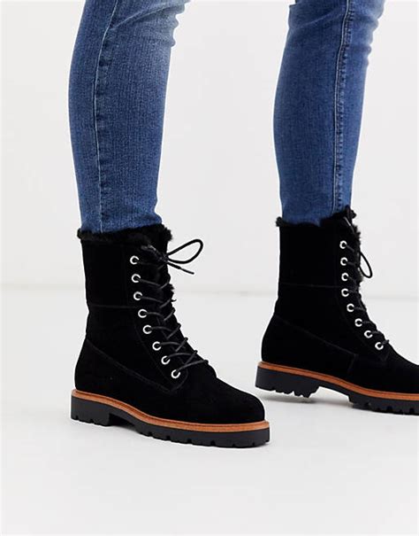 asos design atlantis suede fur lace up hiker boots in black asos