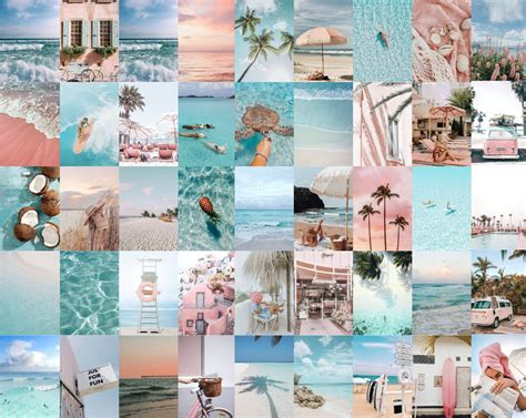 Summer Pink Blue Boujee Aesthetic Collage Kit Wall Decor Fun Beach