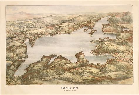 Birds Eye View Of Lake Sunapee New Hampshire Rare And Antique Maps