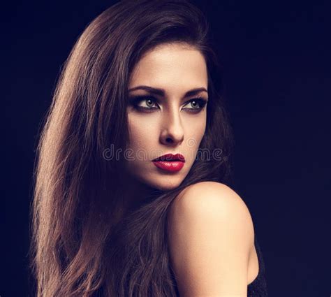 4998 Female Face Red Lipstick White Background Long Hair Stock Photos