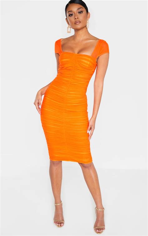 bright orange mesh ruched midi dress prettylittlething ca