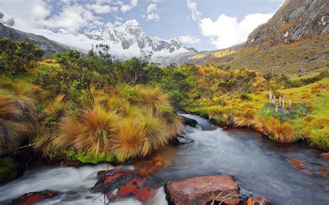 Coordillera De Los Andes Mountain Range In South America River And
