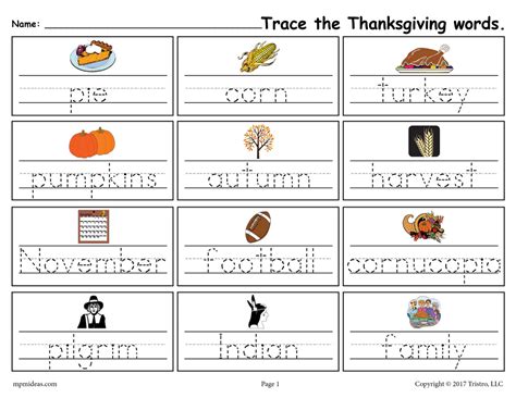 Printable Thanksgiving Words Handwriting And Tracing Worksheet Supplyme