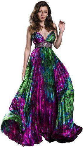 Strapless Sweetheart Peacock Printed Satin Evening Prom Ball Full