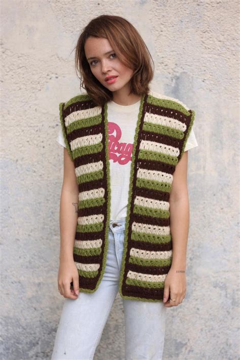 70s Handmade Crocheted Sweater Vest Striped Brown Green Soft Knit