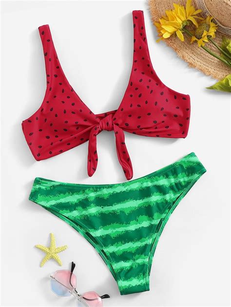 watermelon print knot front top with panty bikini shein bikinis watermelon print knot