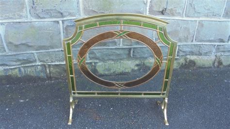 Antique Brass And Coloured Leaded Glass Fire Screen 592795