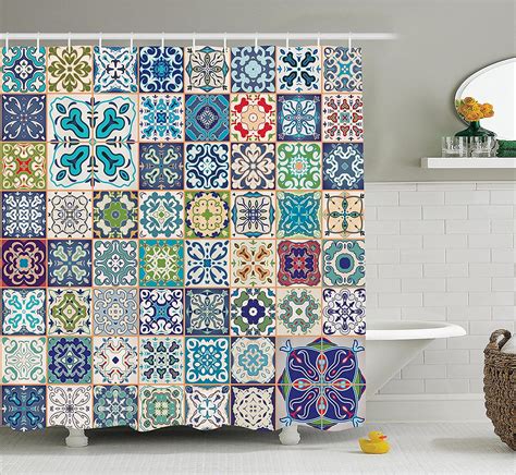 Moroccan Decor Shower Curtain Set By Floral Patchwork Design With