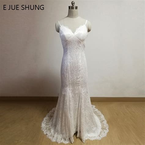 E Jue Shung White Lace Mermaid Beach Wedding Dresses V Neck Spaghetti