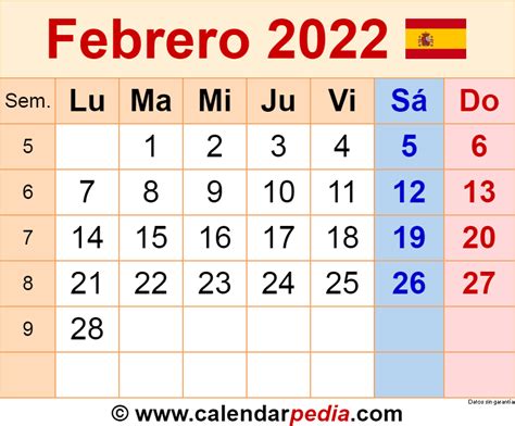 Calendario Febrero 2022 En Word Excel Y Pdf Calendarpedia